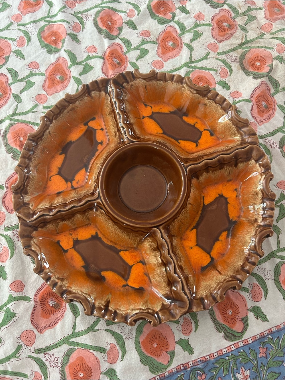 Vintage Japan Orange Brown Drip Glaze Divided Chip Dip Serving Platter